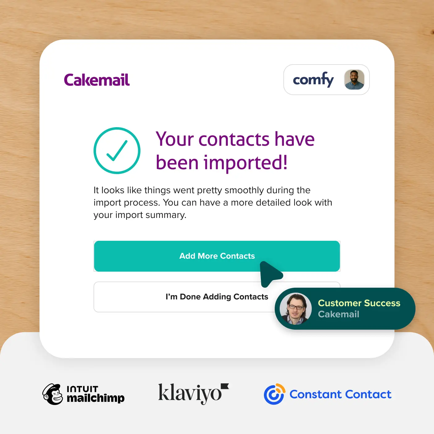 A completed contact import in Cakemail.