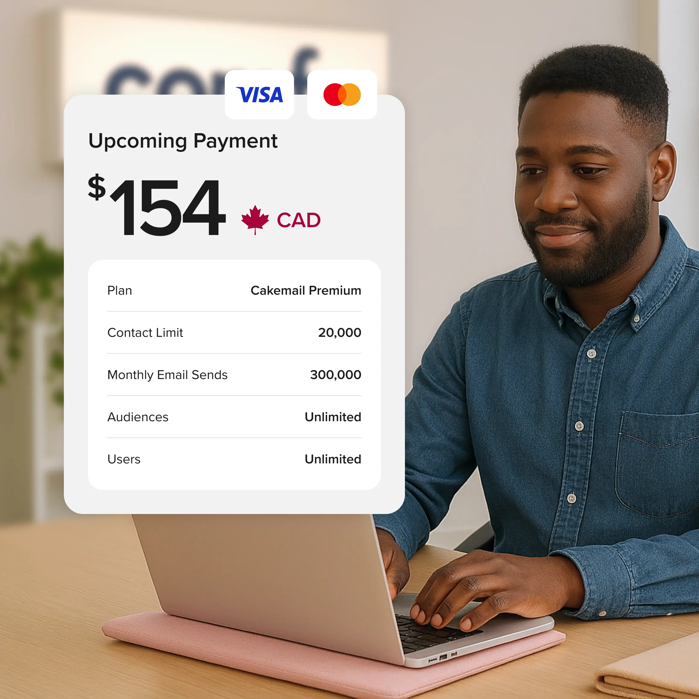 A card showing an upcoming payment of $154 CAD.