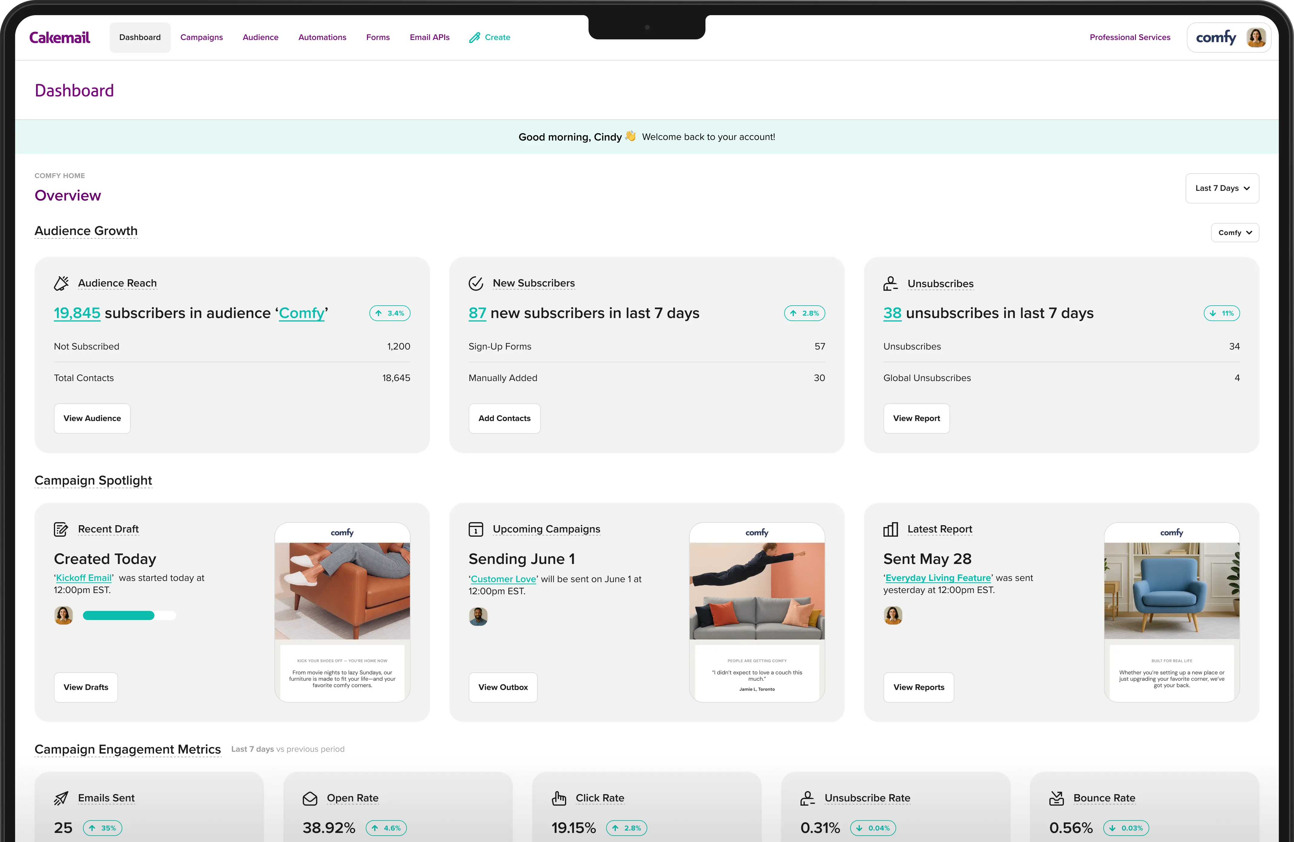 The Cakemail dashboard.